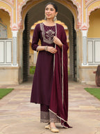Janasya Women's Wine Chanderi Silk Zari Embroidered A-line Kurta With Palazzo & Dupatta Set