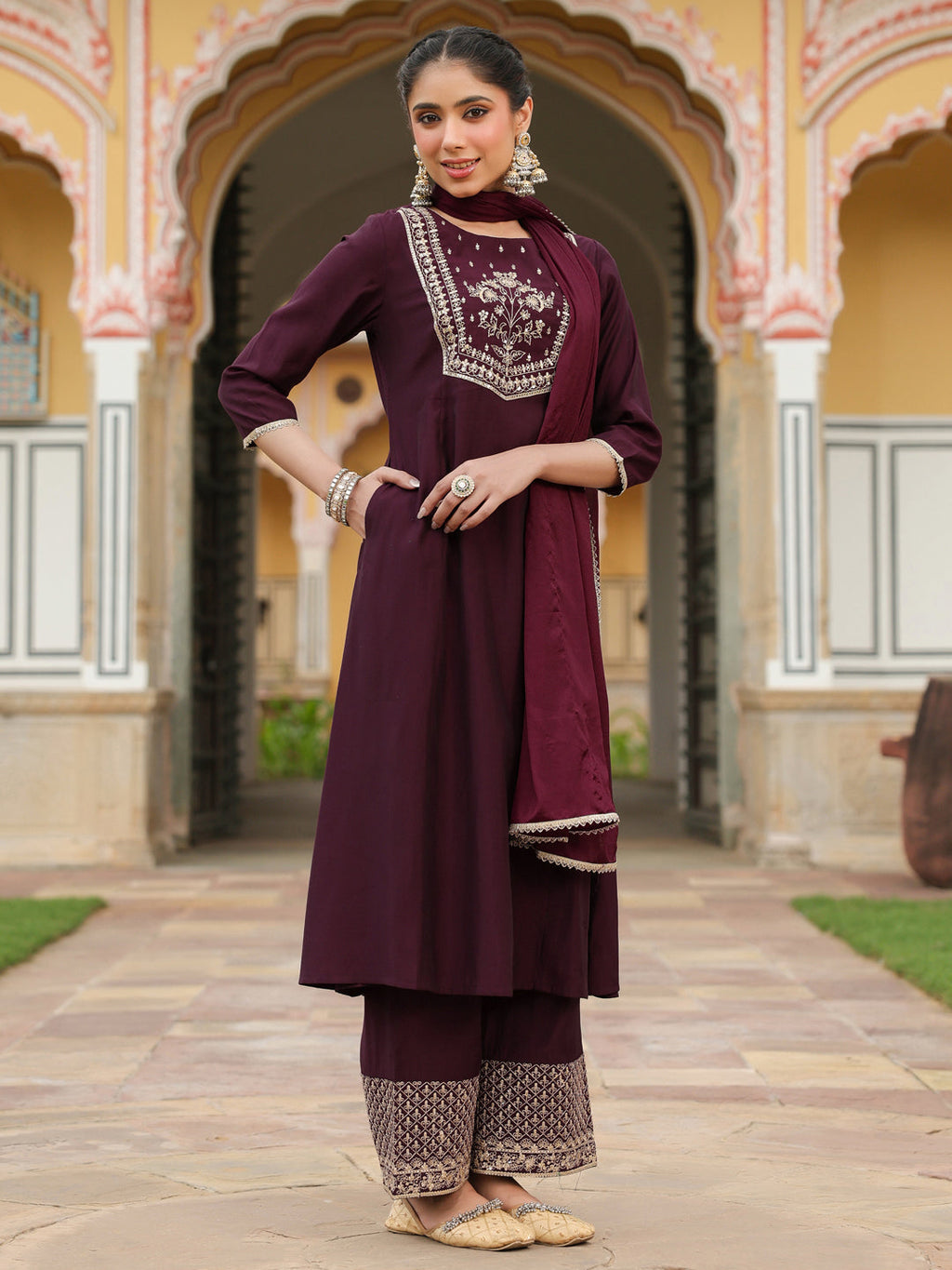 Janasya Women's Wine Chanderi Silk Zari Embroidered A-line Kurta With Palazzo & Dupatta Set
