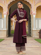 Janasya Women's Wine Chanderi Silk Zari Embroidered A-line Kurta With Palazzo & Dupatta Set