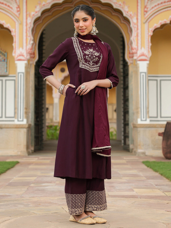 Janasya Women's Wine Chanderi Silk Zari Embroidered A-line Kurta With Palazzo & Dupatta Set - qivii