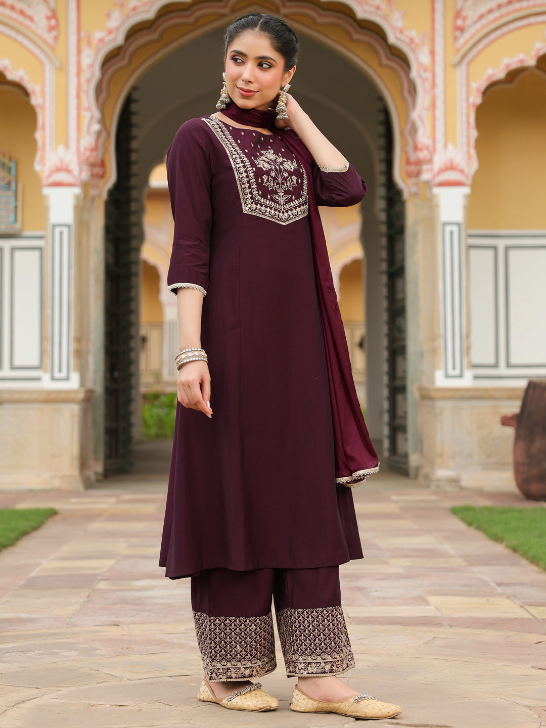 Janasya Women's Wine Chanderi Silk Zari Embroidered A-line Kurta With Palazzo & Dupatta Set