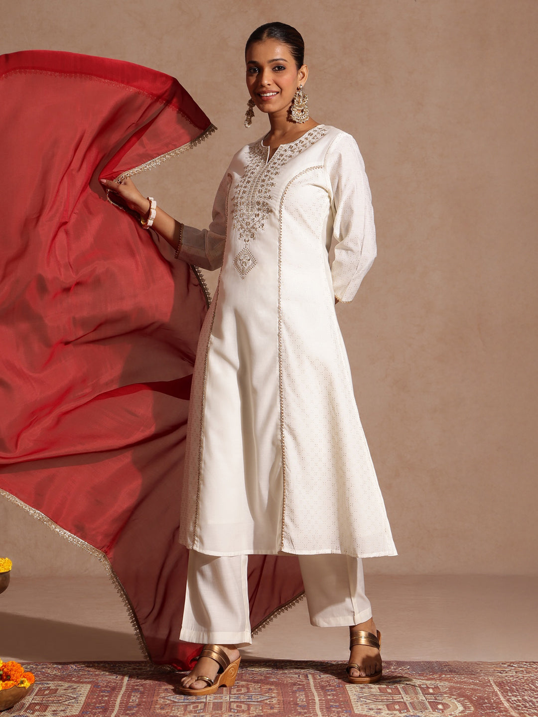 Janasya Women's Off White Chanderi Silk Zari Embroidered Gold Printed A-line Kurta Set - qivii