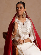 Janasya Women's Off White Chanderi Silk Zari Embroidered Gold Printed A-line Kurta Set
