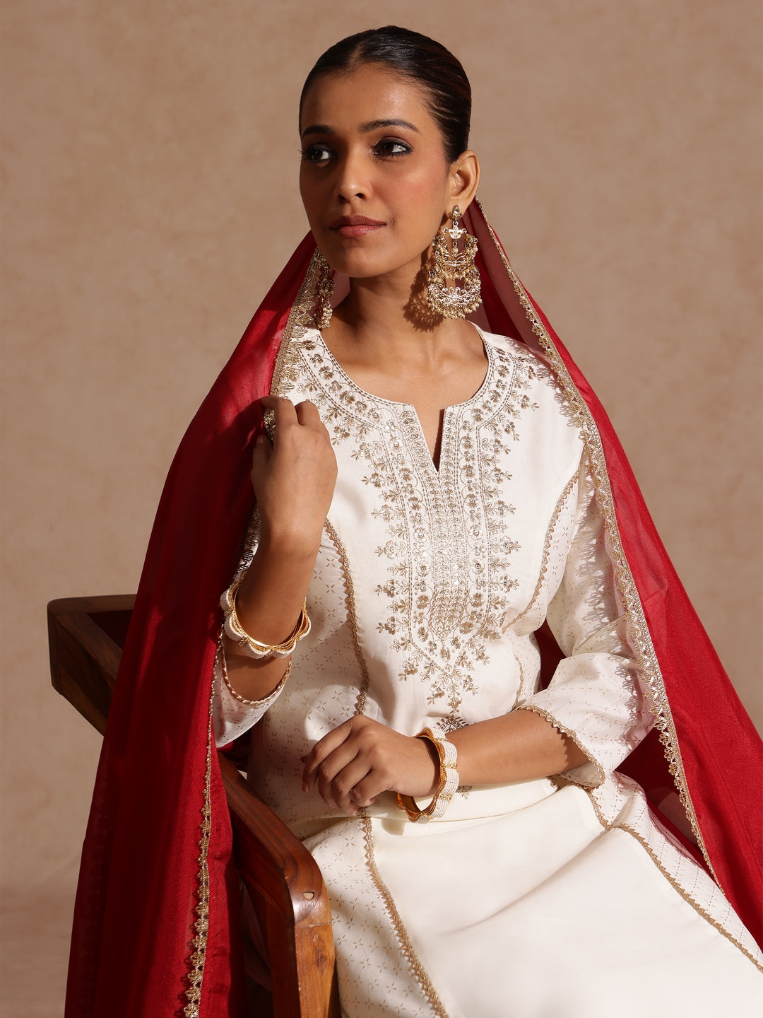 Janasya Women's Off White Chanderi Silk Zari Embroidered Gold Printed A-line Kurta Set