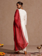 Janasya Women's Off White Chanderi Silk Zari Embroidered Gold Printed A-line Kurta Set