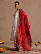 Janasya Women's Off White Chanderi Silk Zari Embroidered Gold Printed A-line Kurta Set