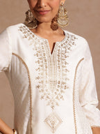 Janasya Women's Off White Chanderi Silk Zari Embroidered Gold Printed A-line Kurta Set
