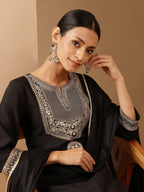 Janasya Women's Black Chanderi Silk Zari Embroidered Straight Kurta Set
