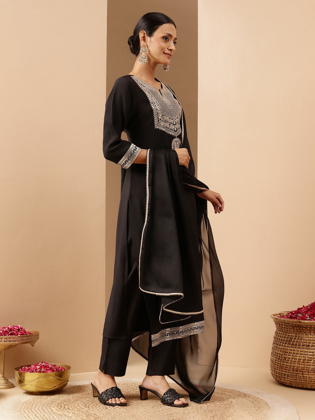 Janasya Women's Black Chanderi Silk Zari Embroidered Straight Kurta Set - qivii