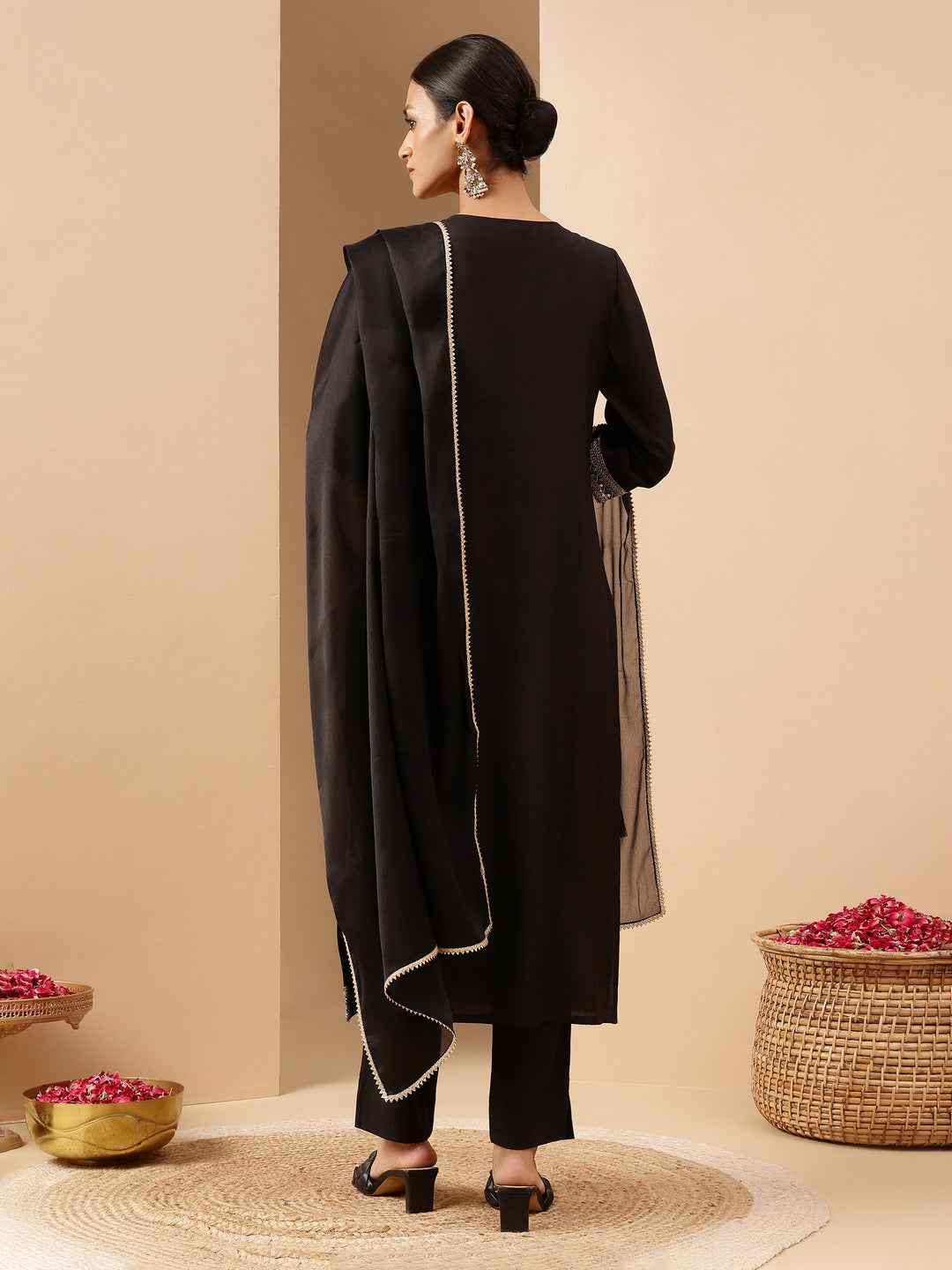 Janasya Women's Black Chanderi Silk Zari Embroidered Straight Kurta Set - qivii