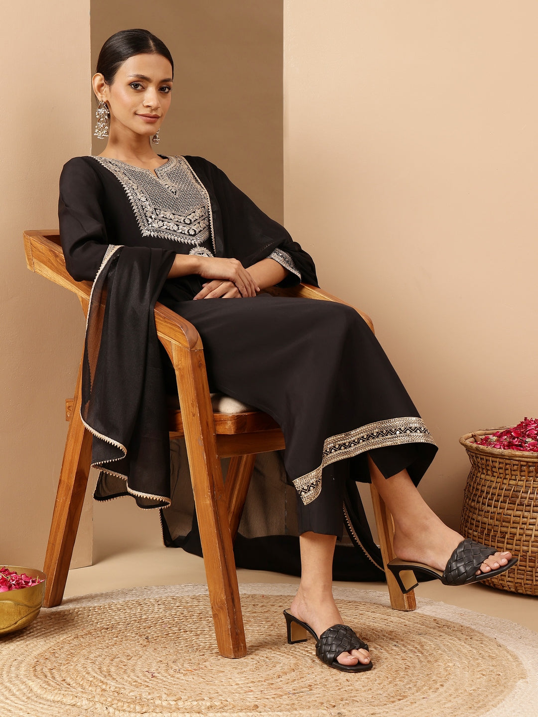 Janasya Women's Black Chanderi Silk Zari Embroidered Straight Kurta Set - qivii