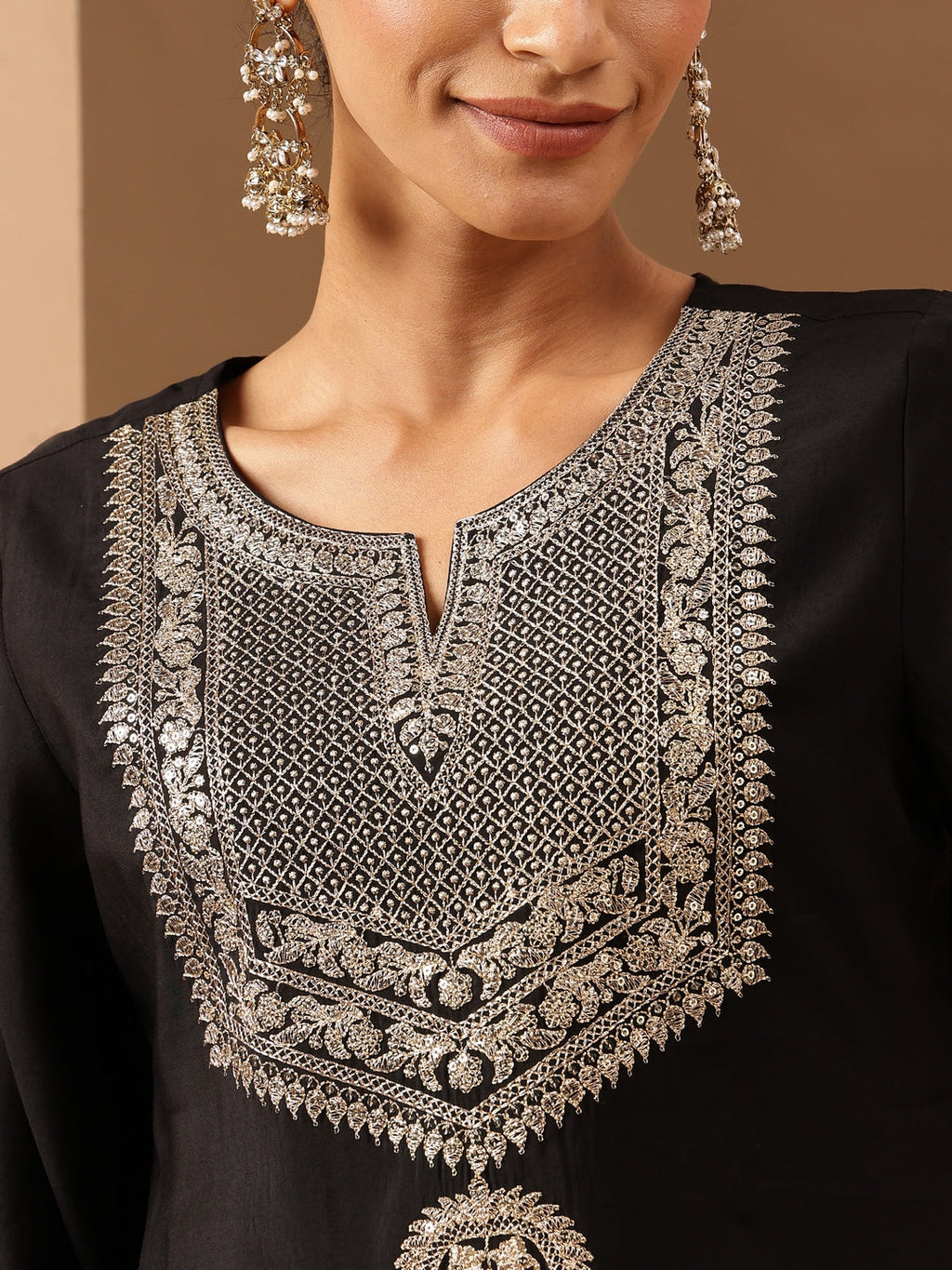 Janasya Women's Black Chanderi Silk Zari Embroidered Straight Kurta Set