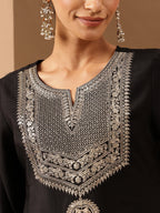 Janasya Women's Black Chanderi Silk Zari Embroidered Straight Kurta Set