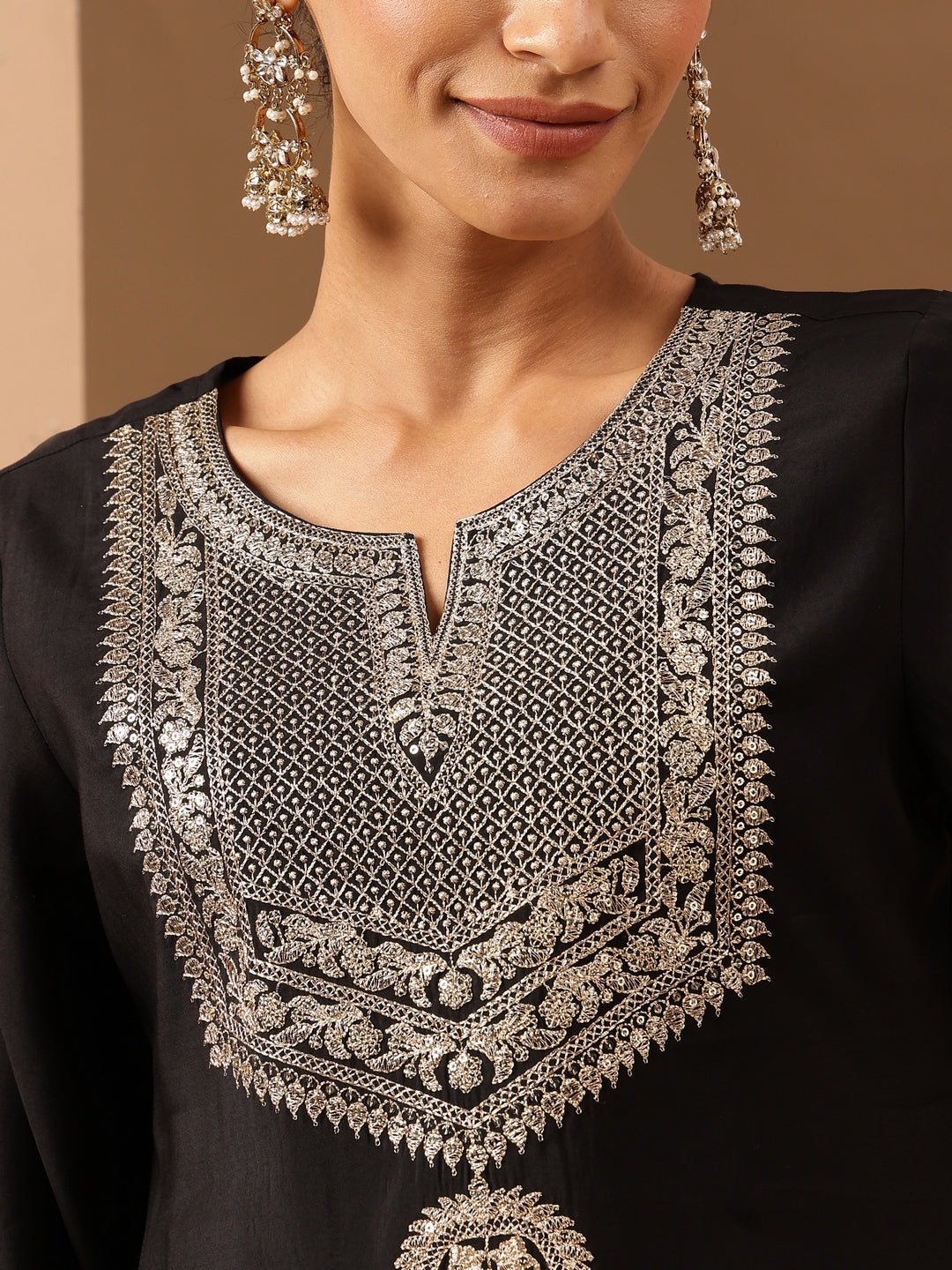 Janasya Women's Black Chanderi Silk Zari Embroidered Straight Kurta Set