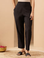 Janasya Women's Black Chanderi Silk Zari Embroidered Straight Kurta Set