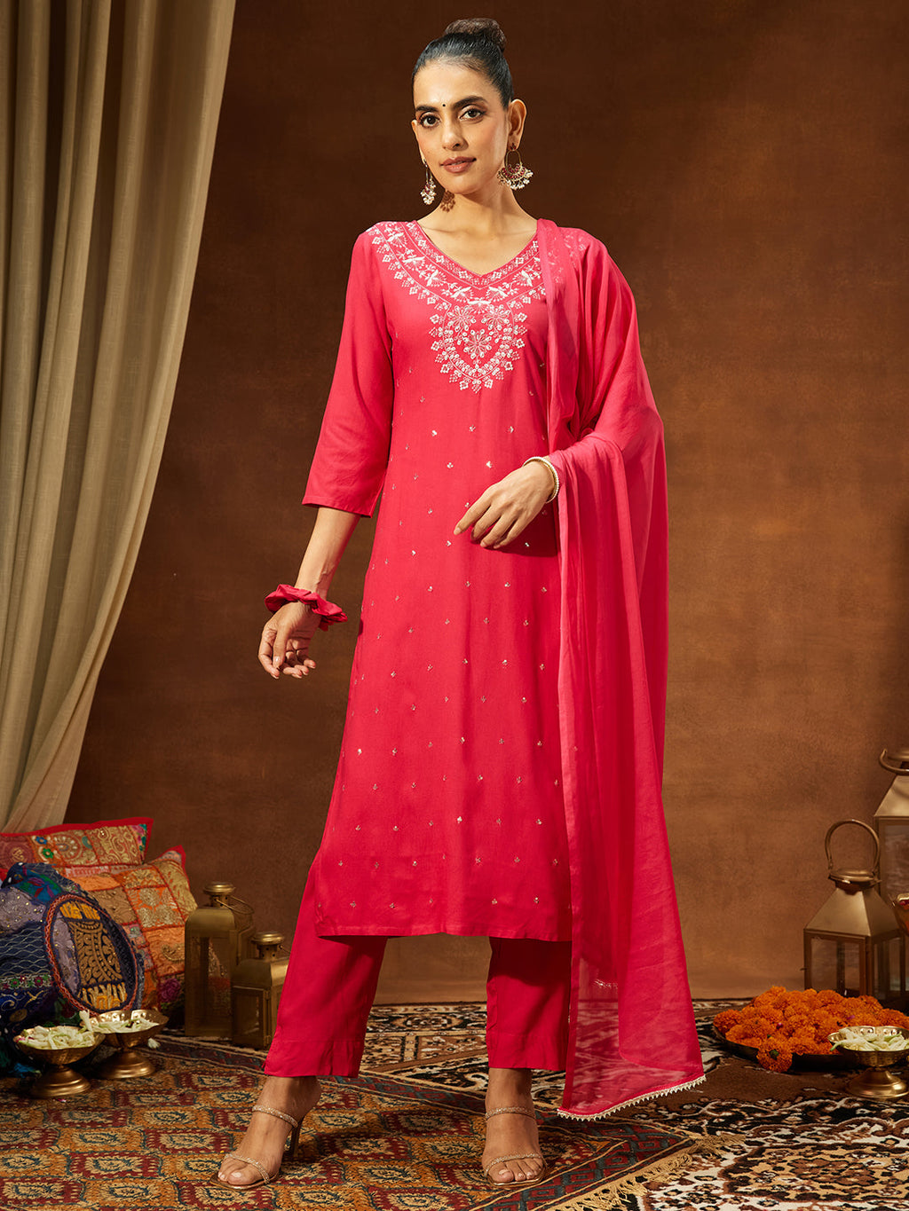 Janasya Women's Pink Rayon Embroidered Straight Kurta Set