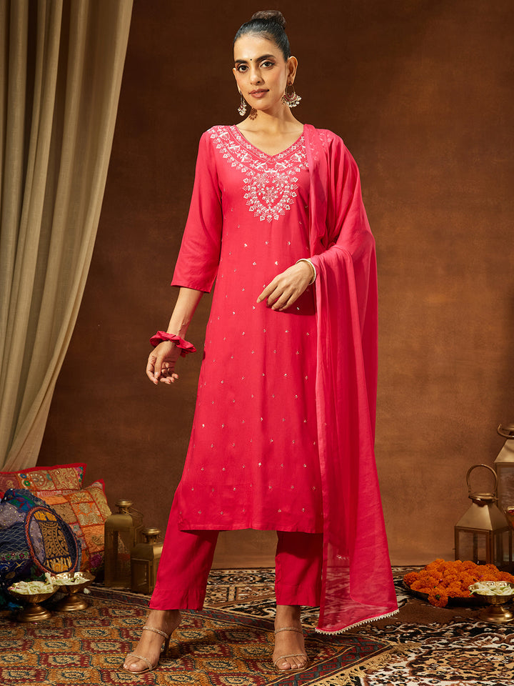 Janasya Women's Pink Rayon Embroidered Straight Kurta Set - qivii
