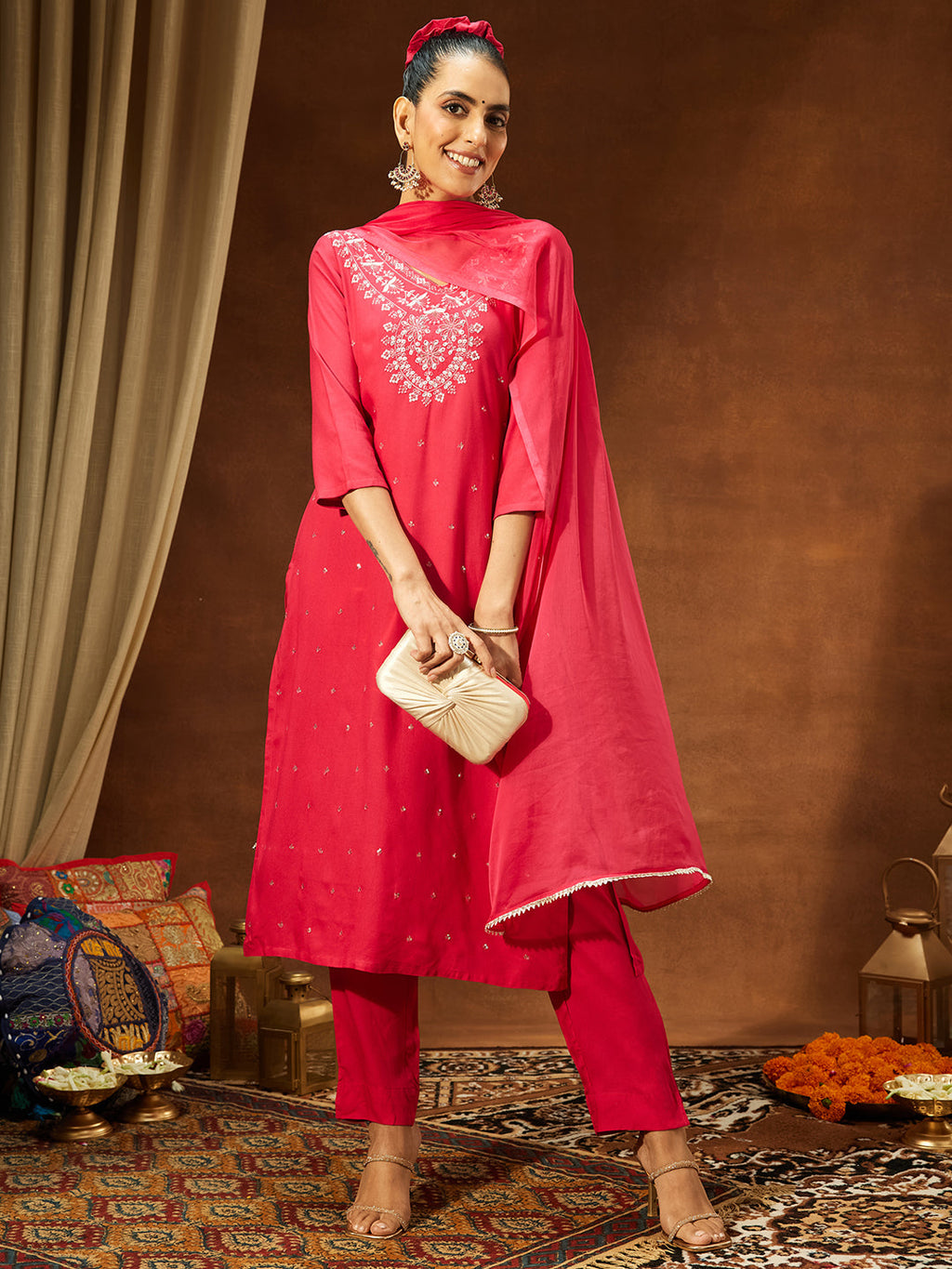 Janasya Women's Pink Rayon Embroidered Straight Kurta Set