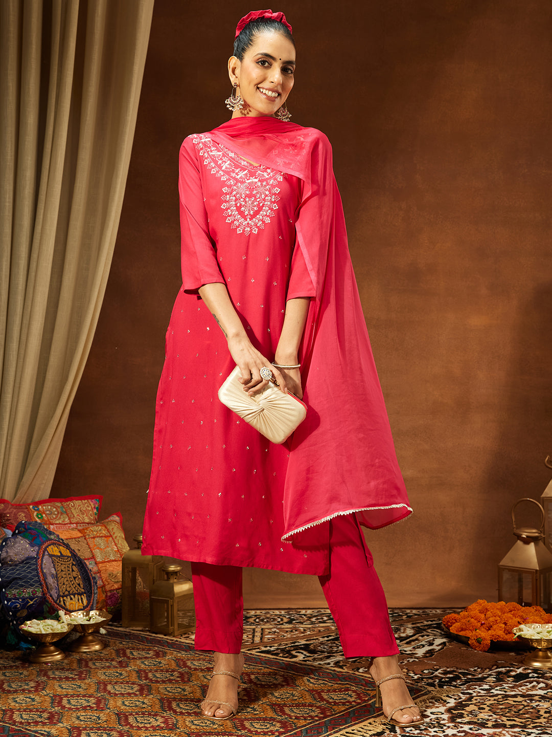 Janasya Women's Pink Rayon Embroidered Straight Kurta Set