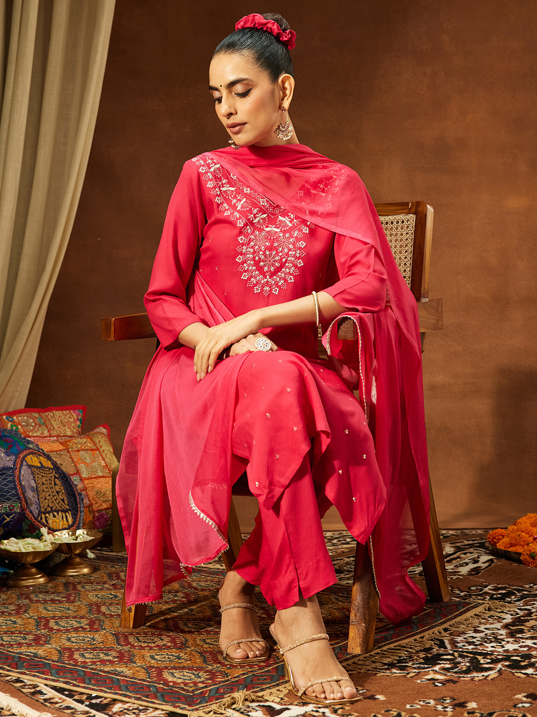 Janasya Women's Pink Rayon Embroidered Straight Kurta Set - qivii