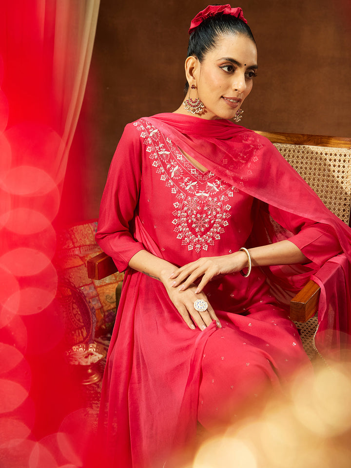Janasya Women's Pink Rayon Embroidered Straight Kurta Set - qivii