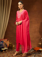 Janasya Women's Pink Rayon Embroidered Straight Kurta Set