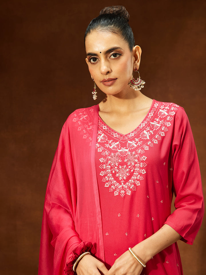 Janasya Women's Pink Rayon Embroidered Straight Kurta Set - qivii