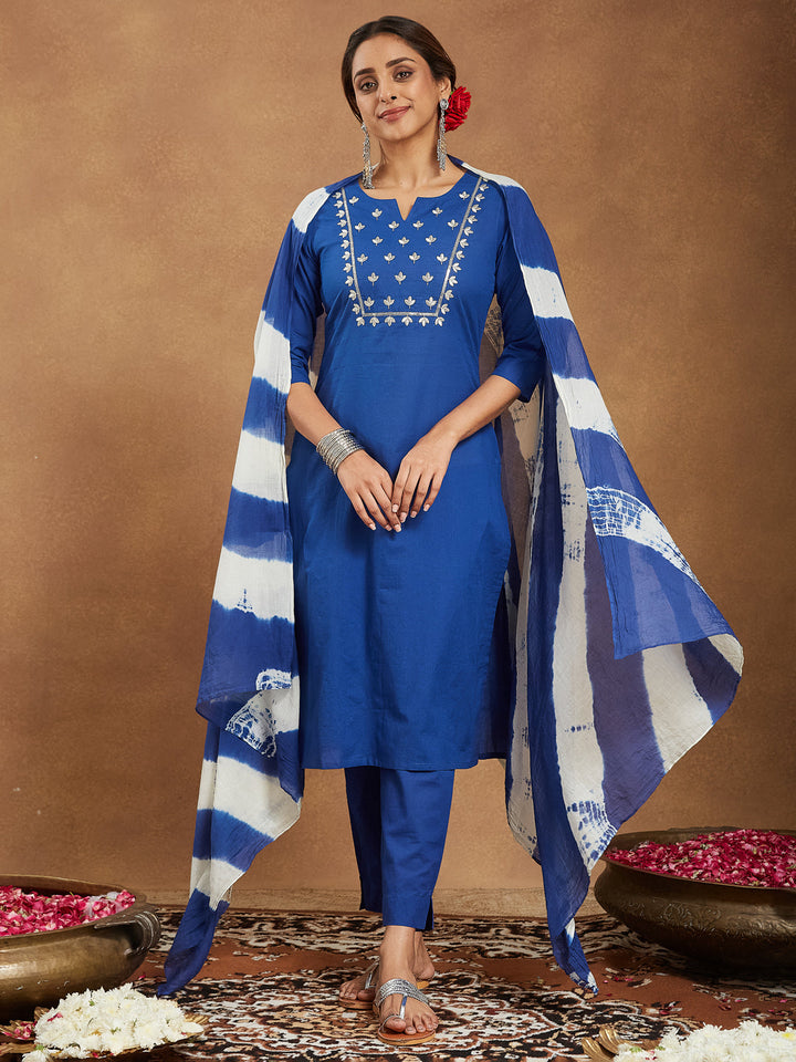 Janasya Women's Blue Pure Cotton Yoke Embroidered Straight Kurta Set - qivii