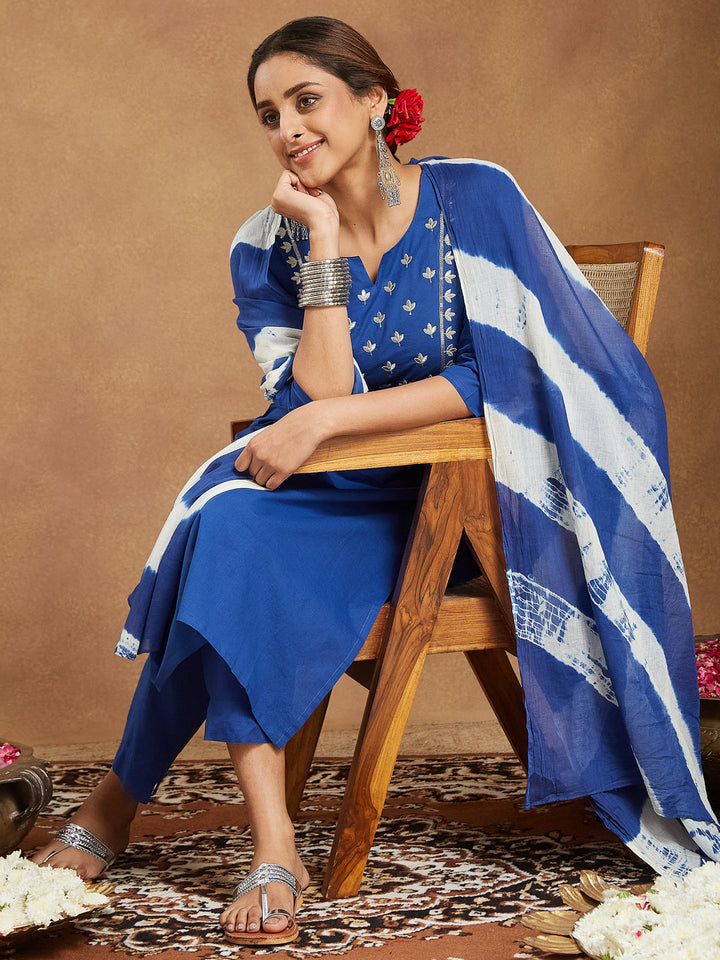 Janasya Women's Blue Pure Cotton Yoke Embroidered Straight Kurta Set - qivii