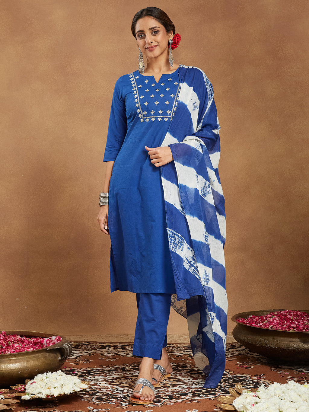 Janasya Women's Blue Pure Cotton Yoke Embroidered Straight Kurta Set