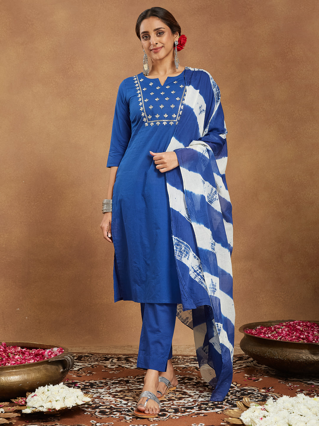 Janasya Women's Blue Pure Cotton Yoke Embroidered Straight Kurta Set
