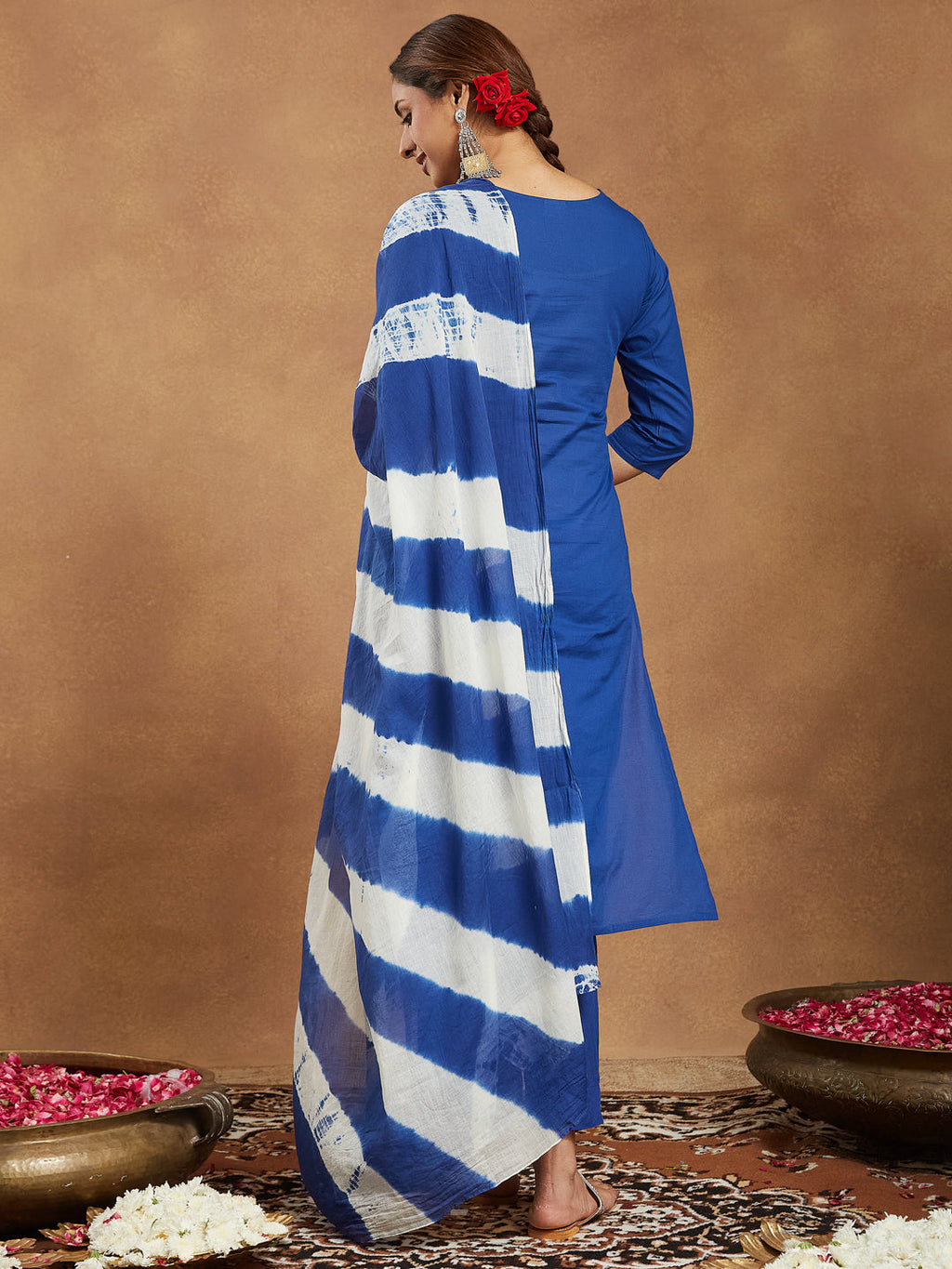 Janasya Women's Blue Pure Cotton Yoke Embroidered Straight Kurta Set