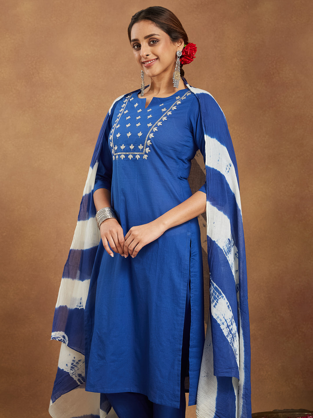 Janasya Women's Blue Pure Cotton Yoke Embroidered Straight Kurta Set - qivii