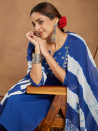 Janasya Women's Blue Pure Cotton Yoke Embroidered Straight Kurta Set