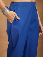 Janasya Women's Blue Pure Cotton Yoke Embroidered Straight Kurta Set