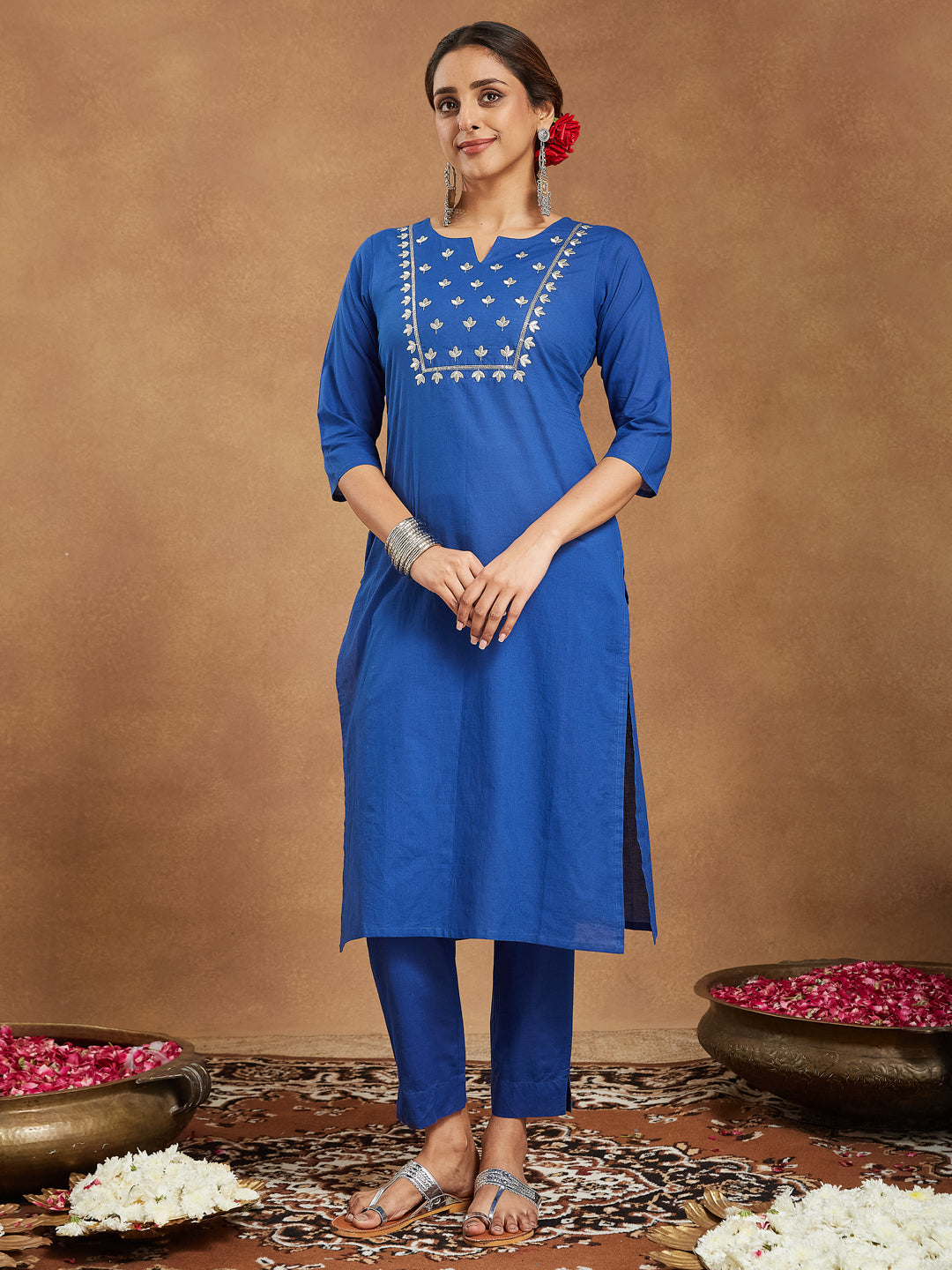 Janasya Women's Blue Pure Cotton Yoke Embroidered Straight Kurta Set