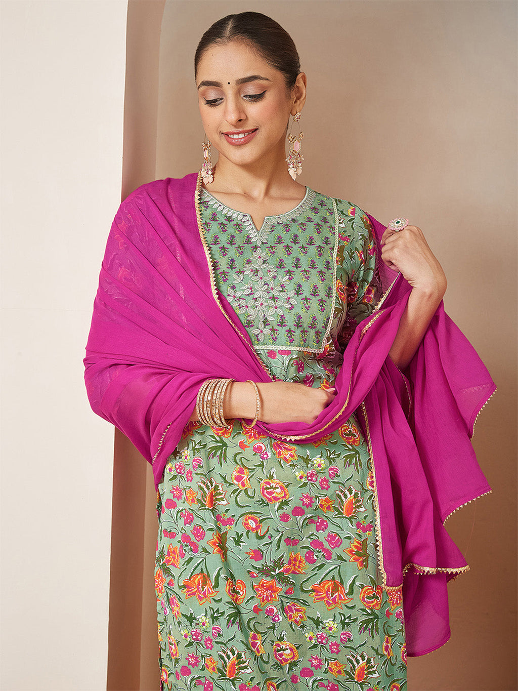 Janasya Women's Mint Green Pure Cotton Yoke Embroidered Floral Printed Straight Kurta Set