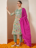 Janasya Women's Mint Green Pure Cotton Yoke Embroidered Floral Printed Straight Kurta Set