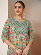 Janasya Women's Mint Green Pure Cotton Yoke Embroidered Floral Printed Straight Kurta Set