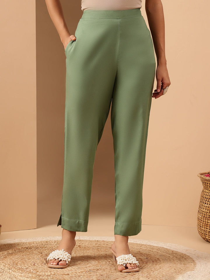 Janasya Women's Green Rayon Embroidery Straight Kurta Set - qivii