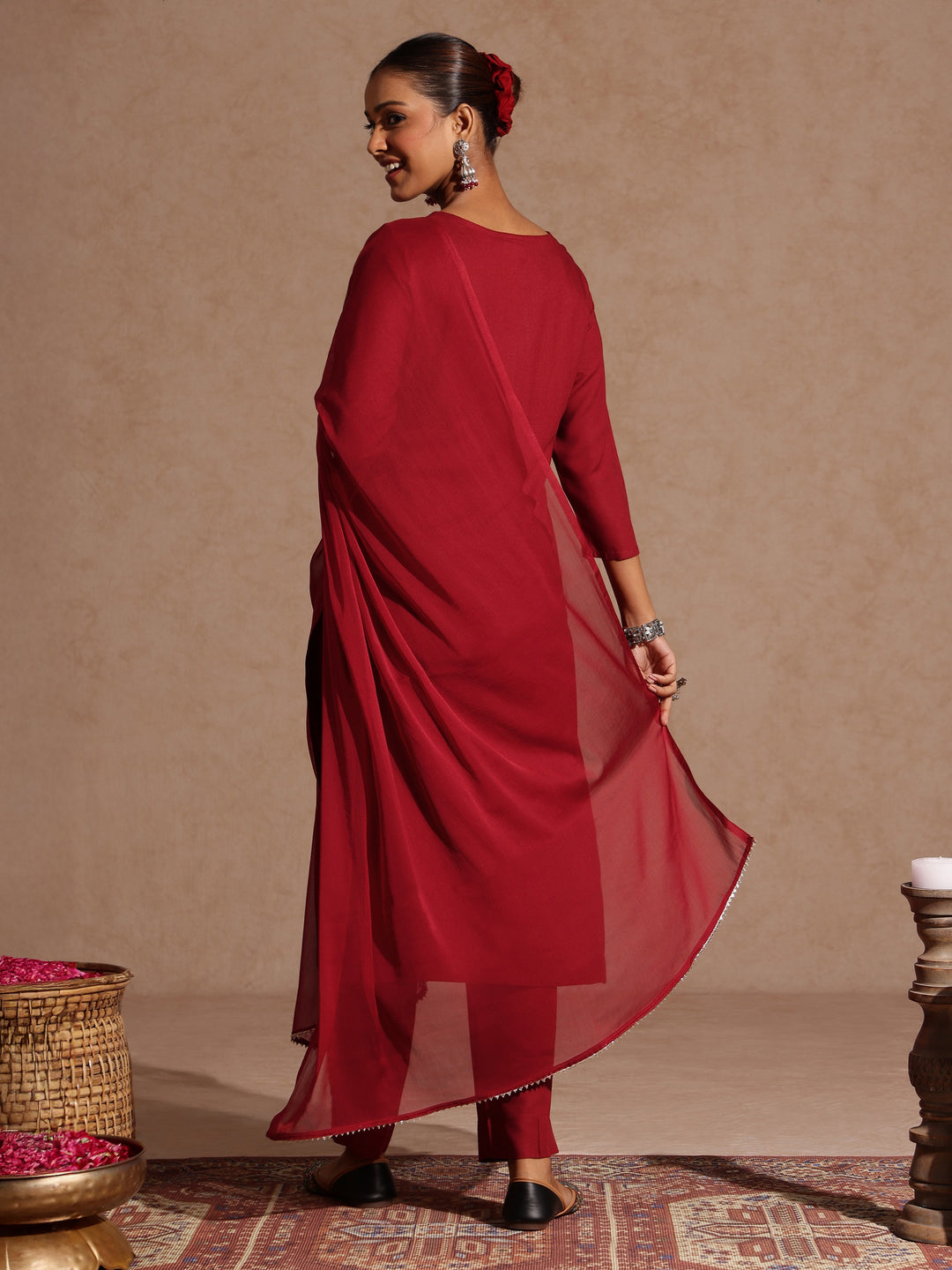 Janasya Women's Maroon Rayon Yoke Embroidered Sequinned Straight Kurta Set With Dupatta