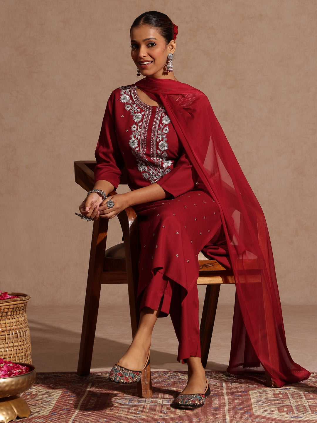 Janasya Women's Maroon Rayon Yoke Embroidered Sequinned Straight Kurta Set With Dupatta