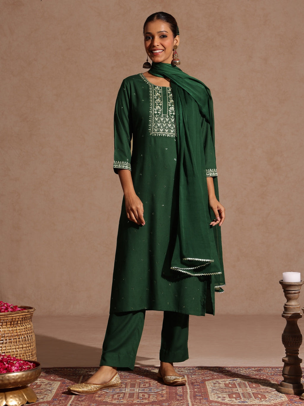 Janasya Women's Green Rayon Yoke Embroidered Sequinned Straight Kurta Set With Dupatta