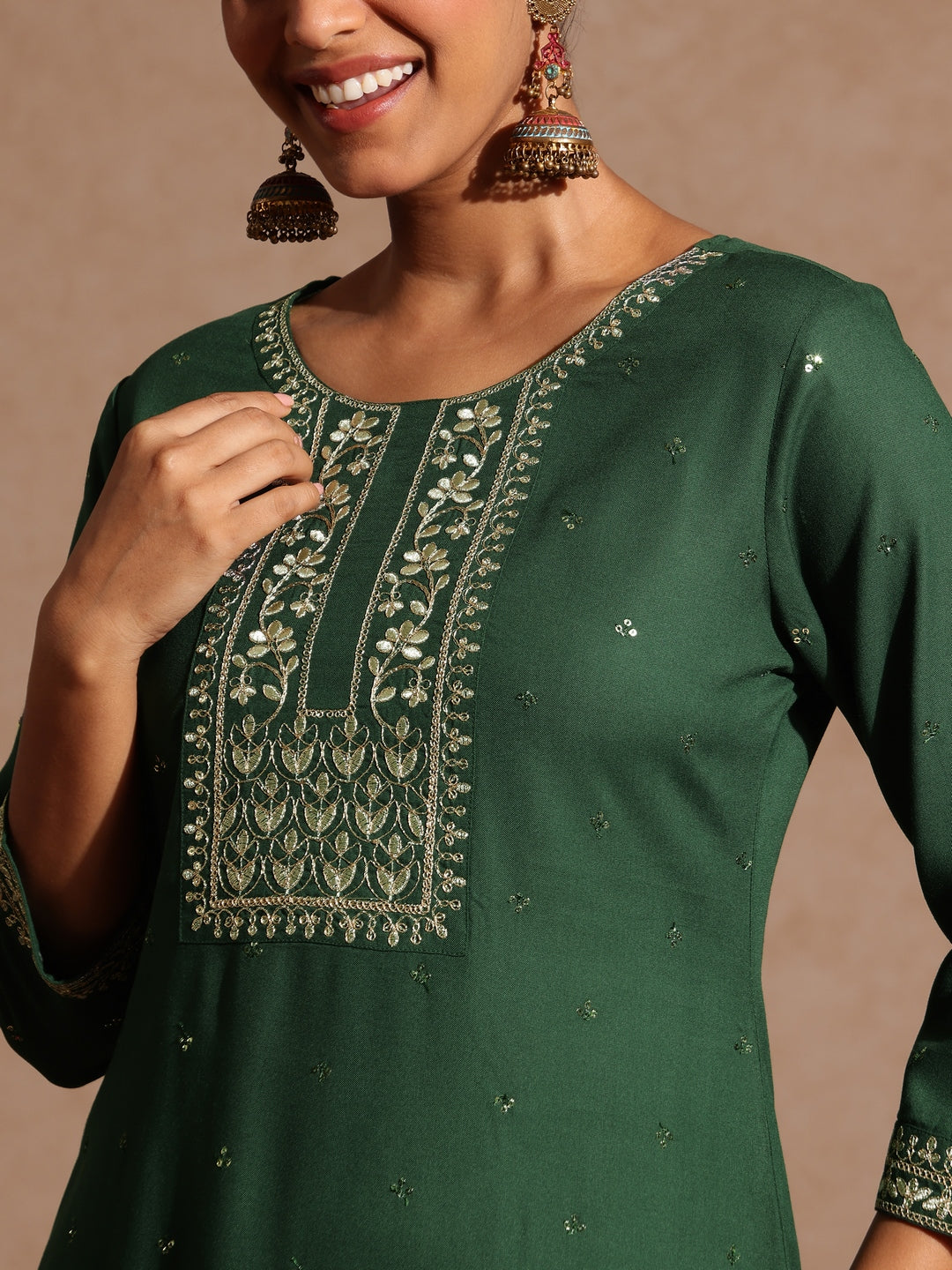 Janasya Women's Green Rayon Yoke Embroidered Sequinned Straight Kurta Set With Dupatta - qivii