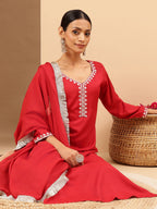 Janasya Women's Maroon Rayon Yoke Embroidered Straight Kurta Set