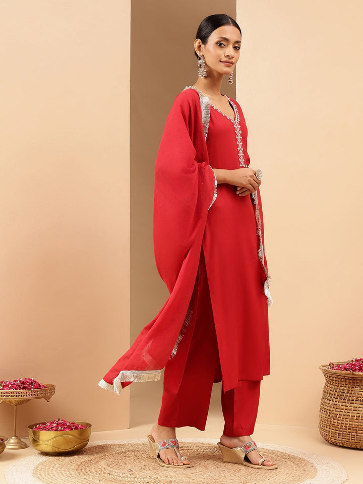 Janasya Women's Maroon Rayon Yoke Embroidered Straight Kurta Set - qivii