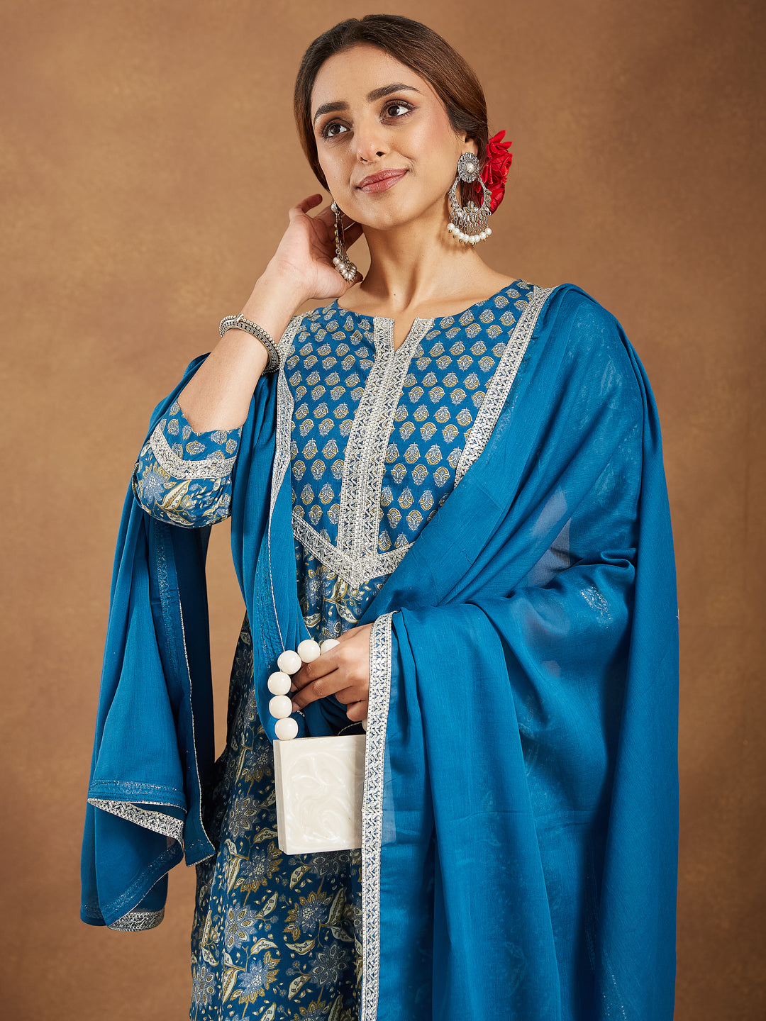 Janasya Women's Teal Blue Pure Cotton Yoke Design Floral Printed Straight Kurta Set