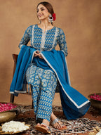 Janasya Women's Teal Blue Pure Cotton Yoke Design Floral Printed Straight Kurta Set