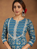 Janasya Women's Teal Blue Pure Cotton Yoke Design Floral Printed Straight Kurta Set