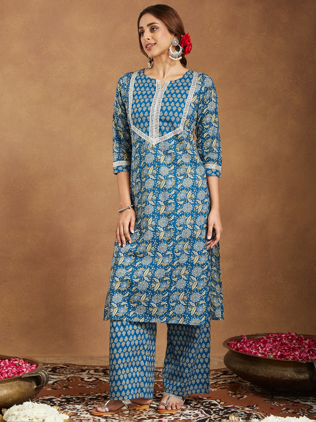 Janasya Women's Teal Blue Pure Cotton Yoke Design Floral Printed Straight Kurta Set